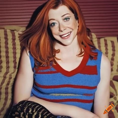 Alyson Hannigan Sitting On A Bed Wearing A Striped Sweater Vest On Craiyon