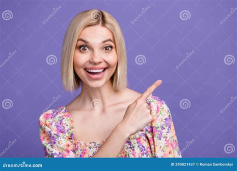 Photo Of Cute Excited Woman Dressed Flower Print Blouse Pointing Finger