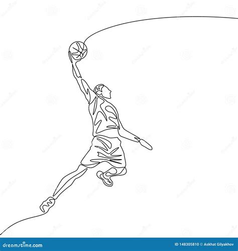 Continuous One Line Drawing Basketball Player Jumps Doing Slam Dunk