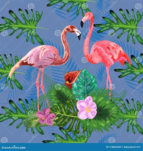 Tropical Trendy Seamless Pattern With Pink Flamingos And Mint Green