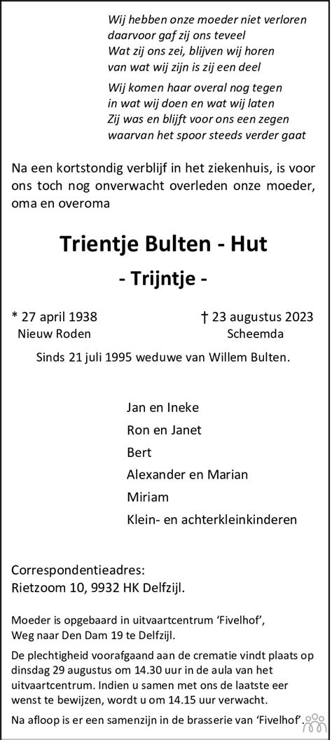 Trientje Trijntje Bulten Hut 23 08 2023 Overlijdensbericht En