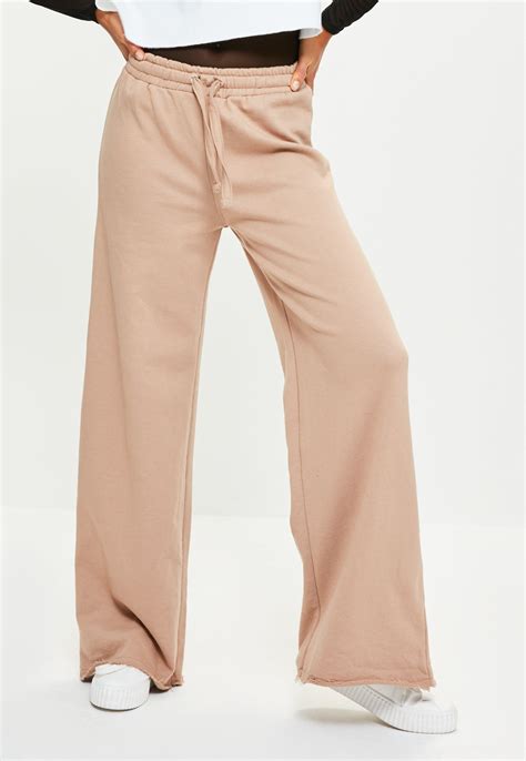 Lyst Missguided Tan Wide Leg Raw Hem Joggers