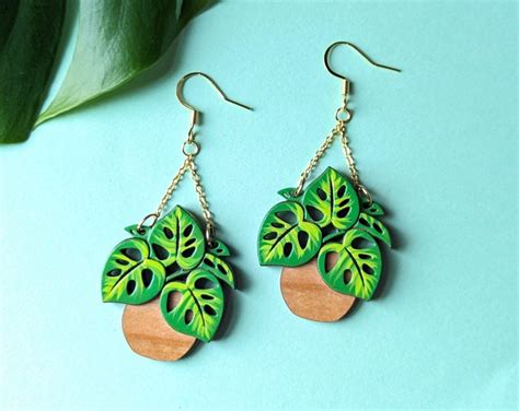 Monstera Hanging Planter Hand Painted Layered Wood Earrings Etsy