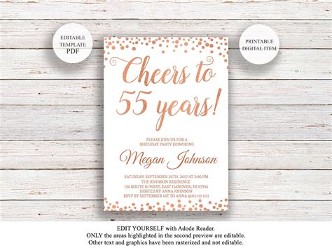 Editable 55th Birthday Invitation Cheers To 55 Years Rose Etsy