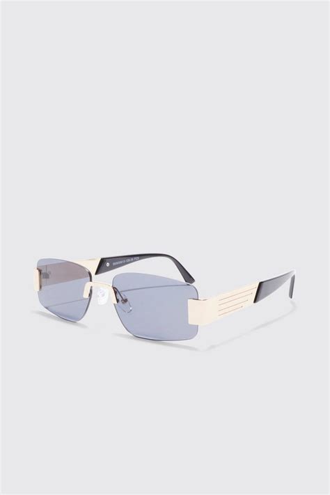 Men S Rectangle Rimless Sunglasses Boohoo Uk