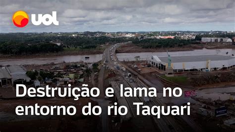 Imagens aéreas mostram destruição e lama nos arredores do rio Taquari