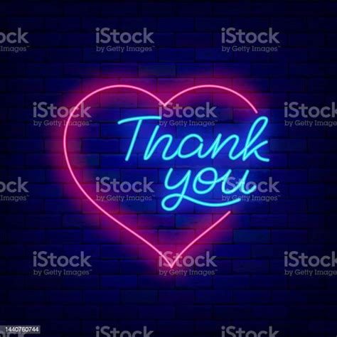 Thank You Neon Lettering Signboard Luminous Emblem On Brick Wall Heart Frame Vector Stock