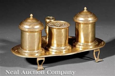 An American Brass Standish 18th C With Two Lidded Inkwells Pounce Pot And Quill Holder On