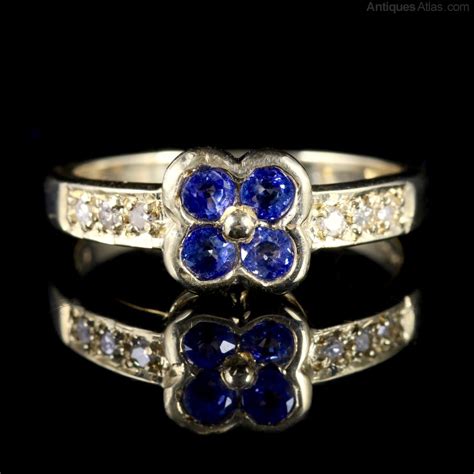 Antiques Atlas Sapphire Diamond Flower Cluster Ring 9ct Gold Ring