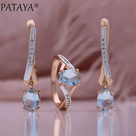 Pataya Women Sets 585 Rose Gold Color Light Blue Cubic Zircon White