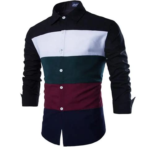 New Fashion Men S Shirts Hit Color Patchwork Long Sleeve Slim Fit