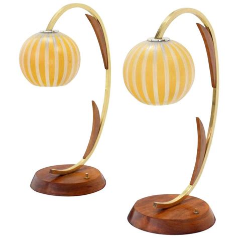 Pair Of Walnut Brass And Glass Globes Shades Mid Century Table Lamps