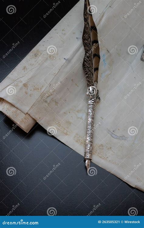 Vertical Shot of a Quill on Parchment Paper for Calligraphy Stock Image ...