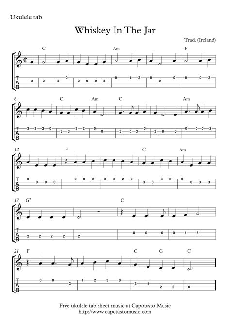 Easy Sheet Music For Beginners Ukulele Tab Whiskey In The Jar