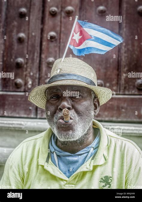 Havana Man Smoking Cigar Cuban Flag Hat Stock Photo Alamy