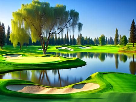 A Painting Of A Golf Course With Water And Trees Image Design Id