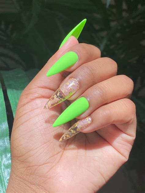 Matte Neon Green Press On Nails With Gold Foil Flakes Etsy