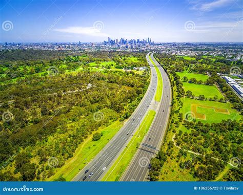 Aerial View Of Highway And Melbourne City Skyline Stock Image Image