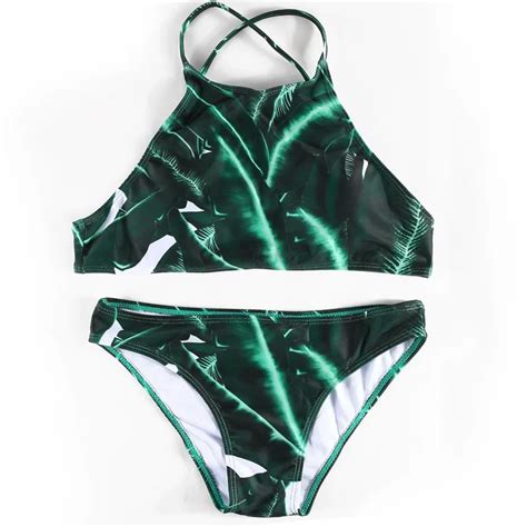 Hot Print Floral Palm Leaf Bikini Set Halter Crop Top Hang High Neck