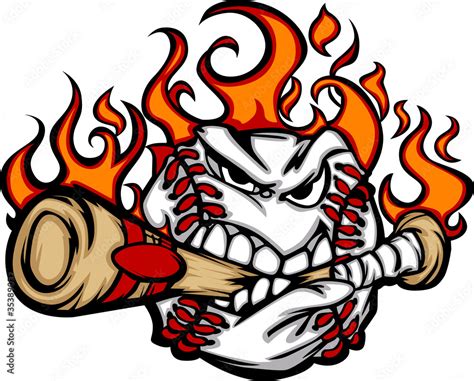 Baseball Flaming Face Biting Bat Vector Image Stock Vector | Adobe Stock