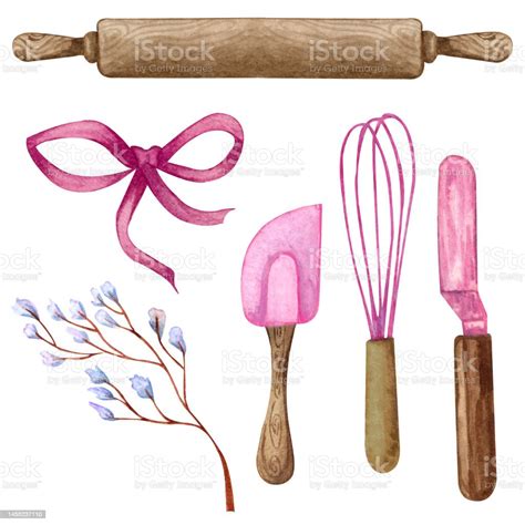 Baking Watercolor Set With Kitchen Utensils Mixer Chocolate Potholders