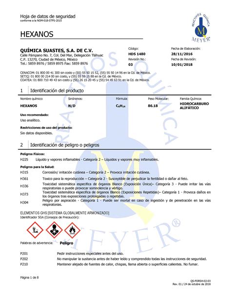 HOJA DE SEGURIDAD Hexano Removed Hoja De Datos De Seguridad Conforme