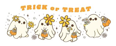 Group of cute Halloween ghosts with daisy flower, kawaii Retro floral ...