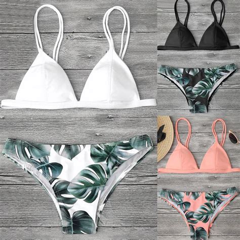 Women Split Swimwear Bikini Set Tropical Leave Print Bottom Solid Top Female Brazilian Bather