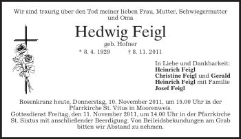 Traueranzeigen Von Hedwig Feigl Trauer Merkur De