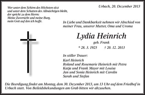 Traueranzeigen Von Lydia Heinrich ZVW Trauer