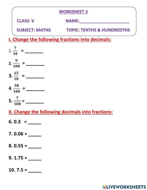 Tenths And Hundredths Ws 5 Worksheet Live Worksheets Worksheets Library