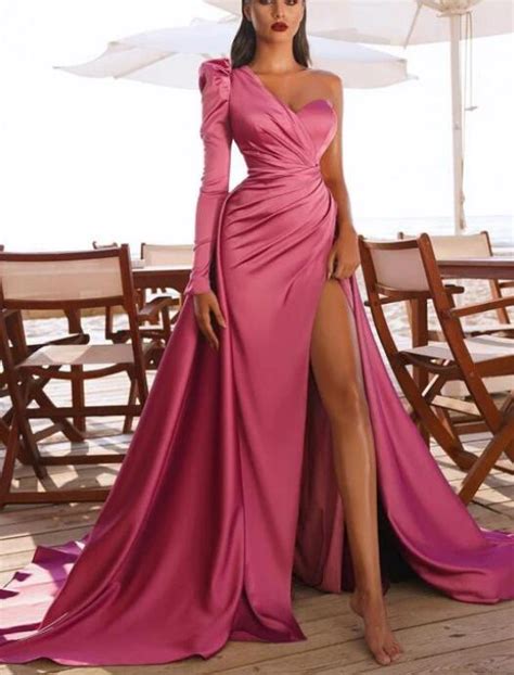 Gorgeous Mermaid One Shoulder Hot Pink Long Sleeve Stain Prom Dress