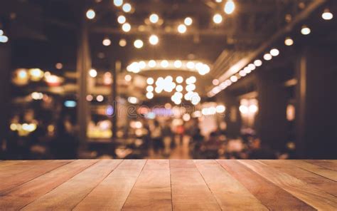 Wood Table Top Bar with Blur Light Bokeh in Dark Night Cafe Stock Image - Image of light ...