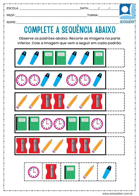 Atividade De Matemática Sequência Lógica Complete A Sequência Ed Infantil E 1º Ano Acessaber