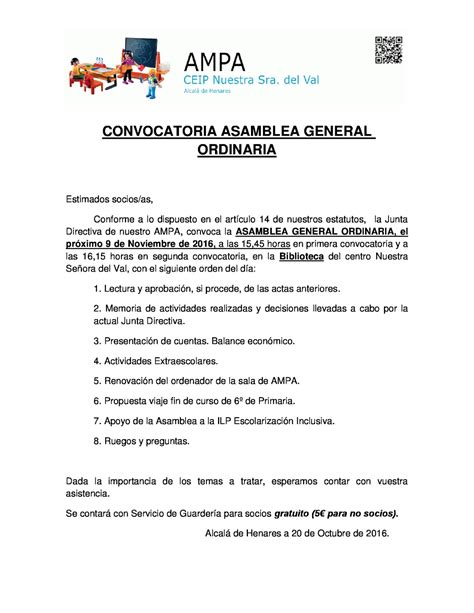 ampa ceip nuestra señora del val convocatoria asamblea general ordinaria y extraordinaria