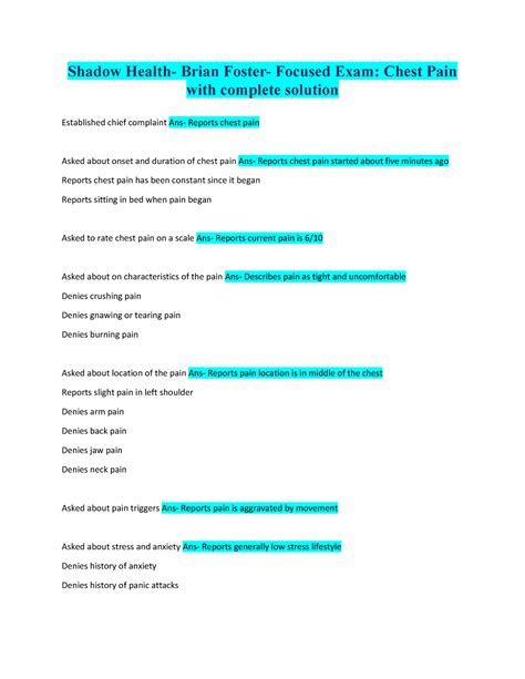 Shadow Health Brian Foster Focused Exam Chest Pain With Complete