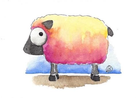 Aceo Original Watercolor Painting Whimsical Farm Animal Blushing Sheep