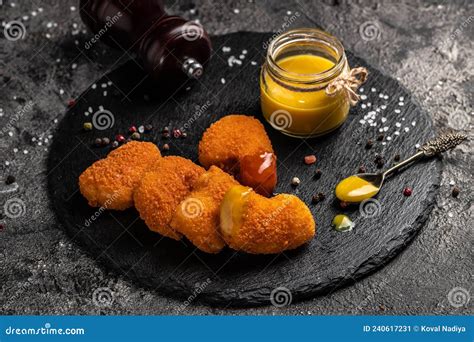 Fried Crispy Chicken Nuggets With Mustard Honey Sauce On Stone Board