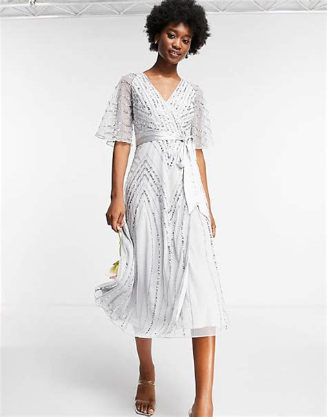 Frock And Frill Bridesmaids Embellished Midi Dress In Dove Gray Asos