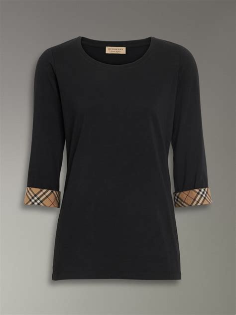 Check Detail Stretch Cotton Top In Black Women Burberry United States