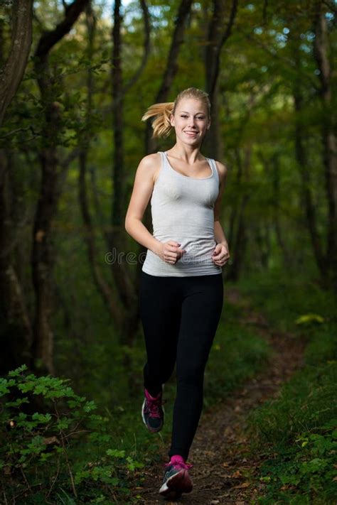 Beautiful Young Woman Runs In Forest Active Runner Running Stock