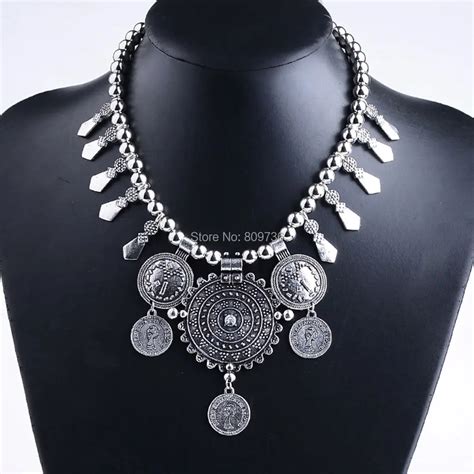 Bohemian Vintage Silver Coin Collar Statement Necklace For Women