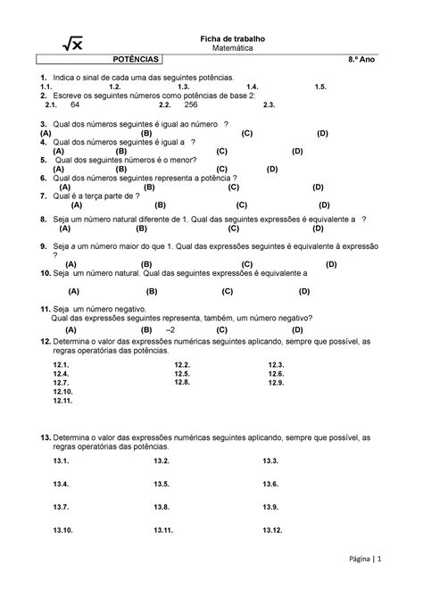 Potencias Ii Ficha De Trabalho Matem Tica Pot Ncias Ano