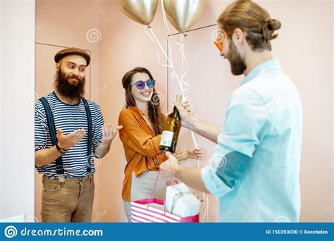 Friends Coming Home For A Birthday Party Stock Photo Image Of Hall