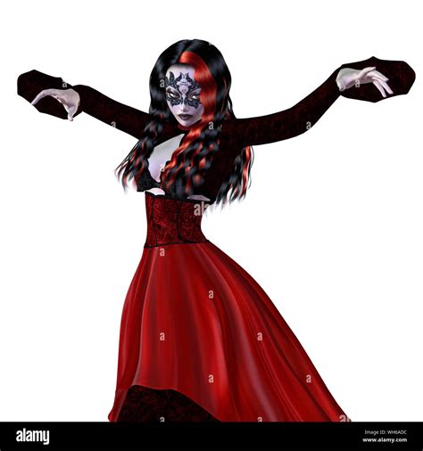 Digitally Rendered Illustration Of A Gothic Girl In Old Style Red Dress