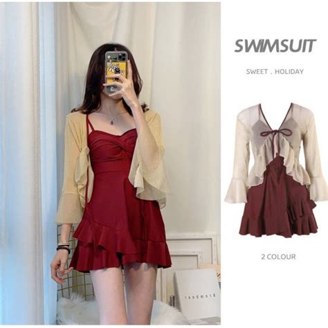 Women s swimwear two piece blouse ladies female bikini swimsuit 女游泳衣 气质两件套罩衫泳装 Shopee Malaysia