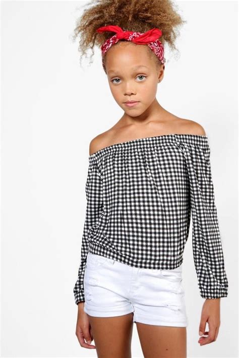 Girls Gingham Off The Shoulder Long Sleeve Top Boohoo Long Sleeve