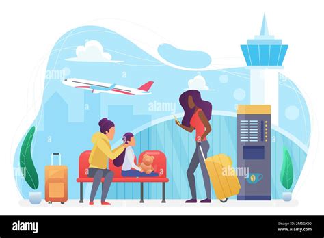 Airline Transportation People Tourists Wait Flight In Modern Airport Vector Illustration