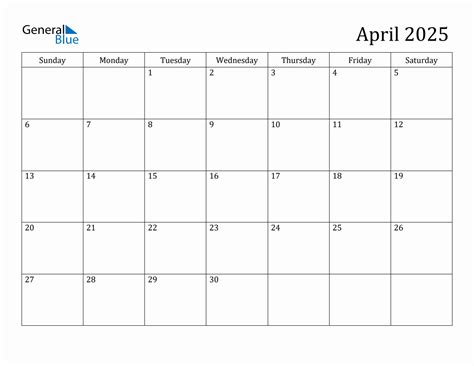 April 2025 Monthly Calendar