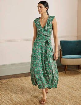 Saskia Wrap Jersey Maxi Dress Green Lagoon Oriental Meadow Boden US